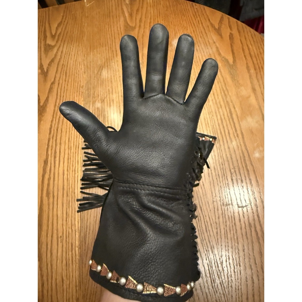 Patricia Wolf Black Leather Hand Painted Gloves Fringe Horses Beaded Cowgirl - Picture 9 of 11